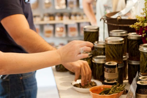 a person preparing food on a table