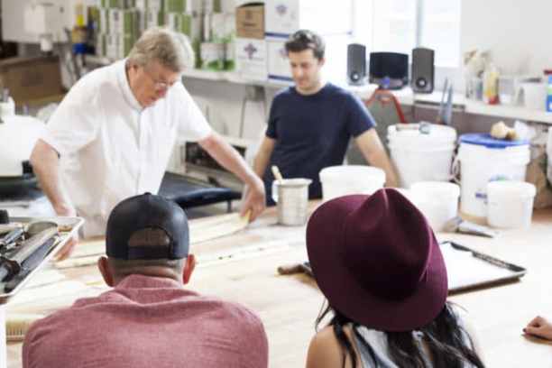 a group of people preparing food in a kitchen